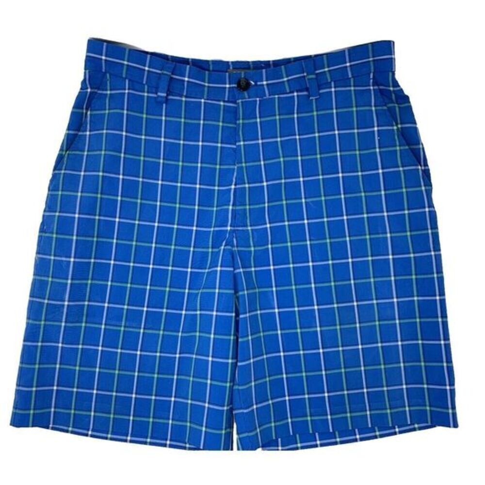 IZOD Blue Green Plaid Flat Front Polyester Men's‎ Golf Shorts Size 34